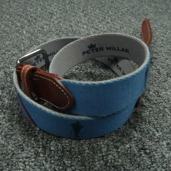 Peter Millar Belt Mens 38 Blue Brown Leather Needlepoint Paynes Valley - Picture 2 of 7